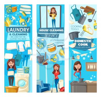 House cleaning, laundry and washing dishes vector banners of cleaning service. Women cleaners with vacuum, mop and broom, washing machine, sponge and window squeeze. Housework and household chores