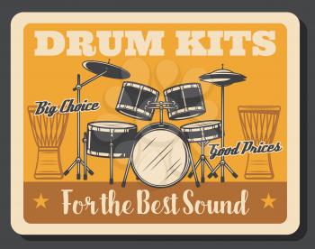 Drum kit, rock music percussion instrument vector design. Professional set of snare and bass drums, floor, mid and high toms, crash and hit hat cymbals with ethnic African djembe. Musical shop poster