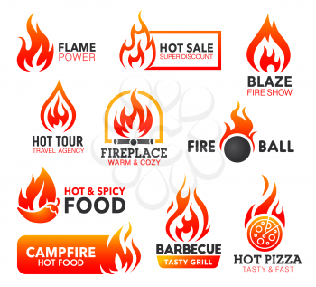 Fire vector icons of red flame and orange blaze with fireball, campfire and bonfire, barbeque grill, spice pizza and hot chilli food, sale discount tag and fireplace. Emblems, labels and badges design