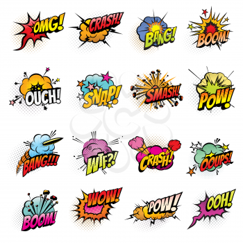 Comics speech bubbles vector design. Boom and bang sound effects, pow, crash and smash explosion clouds, oops, ouch and wtf exclamations, omg and wow expressions with halftone lightnings and stars