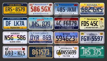 Car numbers or vehicle license plates vector design. Metal or plastic registration plates for identification of auto, trucks and motorcycles in USA states, american California, Hawaii and Michigan