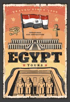 Egypt travel tour vector design with ancient egyptian temple of Pharaoh Ramesses. Abu Simbel religious building with facade statues, flag, ankh symbol and horus eye. Egypt architecture landmark poster