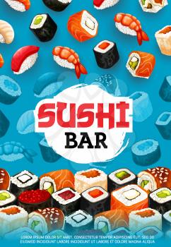 Sushi bar vector menu of japanese food. Nigiri, philadelphia and california rolls with rice, salmon fish and shrimp, seafood hosomaki, caviar gunkan, uramaki, maki and futomaki with tuna and avocado