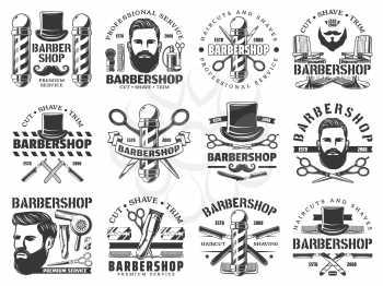 Barbershop vector icons of hair, beard and mustaches shave service. Hipster man head with razor blades, poles and clippers, salon chairs, brushes and combs, scissors and hairdryer. Barber shop design