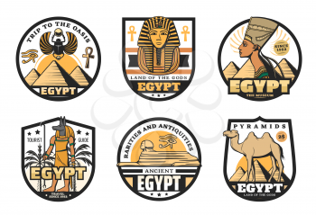 Egypt travel vector icons with ancient egyptian religion and culture symbols. Sphinx statue, pharaoh pyramids and tutankhamen sculpture, Anubis God, ankh sign and horus eye, desert camel and palm