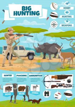 Big hunting and safari vector poster of hunter, animals, weapons and equipment. African rhino, zebra and antelope, bear, boar, ox and martin, gun, rifle and huntsman, shotgun, knife and compass