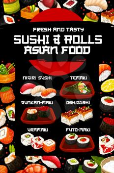 Japanese sushi vector menu with asian cuisine rice, fish and seafood ingredients. Salmon rolls, shrimp and tuna nigiri, prawn temaki, tuna, caviar and seaweed gunkan, futomaki, uramaki and oshizushi