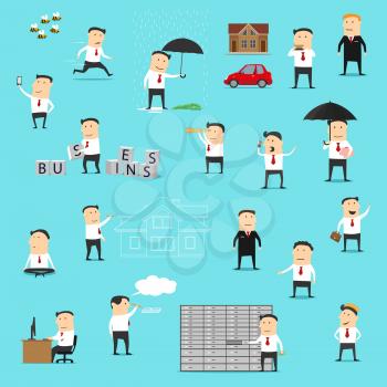 Businessman characters working with computer, talking mobile phone and building business, protecting money savings, doing selfie and waving hello vector design. Office workers in different situations
