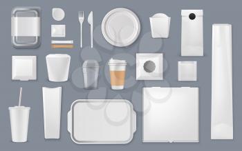 Food and drink packaging vector mockups. Blank templates of takeaway boxes, plastic packs and foam containers, paper bags, cups and trays, cardboard plates, fork and knife, sugar sticks and foil pouch