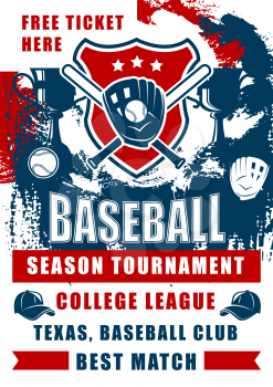 Baseball sport game championship match of college league season tournament vector design. Softball bats, balls and player gloves on shield with winner trophy cup and caps grunge invitation poster