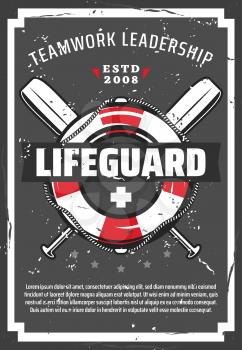 Lifeguard station or tower retro vector poster with lifebuoy, nautical ropes and paddles. Professional equipments of ocean or sea beach life guard. Lifesaving service design