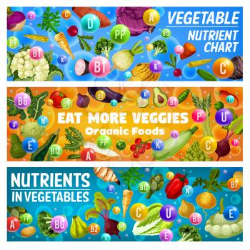 Vegetables nutrient chart and organic food health benefits vector banners. Vitamins and minerals in fresh tomato veggies, pepper and broccoli, onion, cabbage and asparagus. Healthy nutrition themes