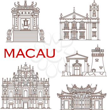 Macau travel landmark vector icons with architectural tourist sights of China. St Anthony Church, Guia Fortress with Lighthouse and Capela, Gate and Building of A-Ma Temple, Ruins of St Paul Church