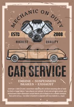Car service, auto engine repair shop or mechanic garage vector design. Vintage automobile with vehicle motor retro poster of suspension and brakes maintenance service or spare parts store signboard