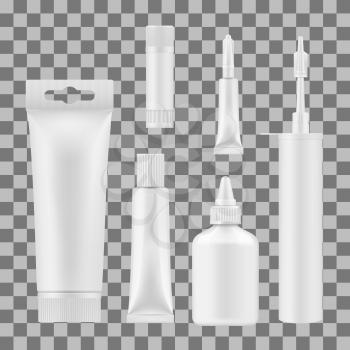 Glue tube, bottles and stick vector mockups. Blank package templates of super glue, silicone sealant, shoes repair and universal adhesives, moment and PVA on transparent background