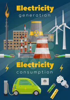 Electricity generation and consumption vector design of energy saving and eco power concept. Power station of nuclear and thermal energy, wind turbine, cable and wire, electric car, light bulb, socket