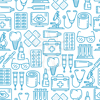 Medical vector seamless pattern with hospital, pharmacy and dentistry icons. Stethoscope, syringe and pills, blood tubes, microscope and tooth implant, plaster, glasses and first aid kit background