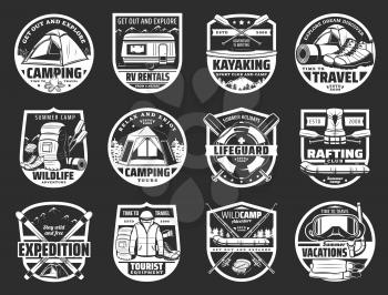 Travel and sport icons. Vector camping and kayaking, lifeguard and rafting, expedition and tourist equipment, vacation. Tent and van, boat and backpack, oar and lifeguard, rafting