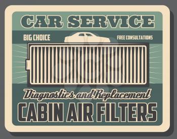Car cabin air filter, spare auto parts, vector. Vehicle cleaning, cabin air filter, salon or hood conditioning. Car ventilation system, diagnostics and replacement, grill or lattice, transport