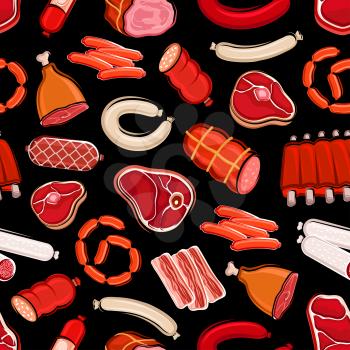 Sausages and meat seamless pattern. Vector butchery shop food, beef and pork, salami and tenderloin, fillet and pepperoni wursts. Chicken leg and frankfurters, steak and sirloin, mutton and steaks