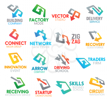 Business identity arrow or pointer icons. Vector building company and factory mode, studio and delivery service. Connect media group and network data center, zig zag and recovery cloud storage