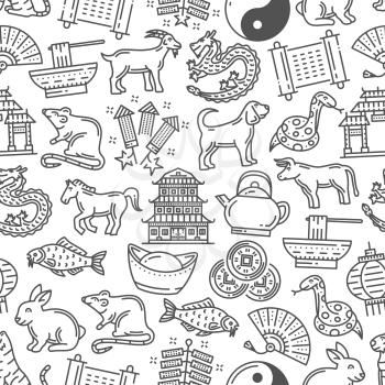Chinese horoscope, line art seamless pattern. Vector astrological zodiac animals, pagoda and fan, bowl with noodle. Fortune astrology signs, Lunar New Year outline monochrome symbols