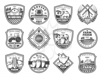Farming and agriculture industry monochrome icons. Vector farm house, combine harvester, meat and wind mill, tractor and sunflower. Dairy milk and healthy food, poultry and grain storages