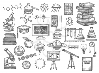 Science equipment, chemistry and biotechnology tools, vector experiments and tests sketch icons. Atoms and molecules, dna structure, laboratory glassware and flasks. Analyze research device and books