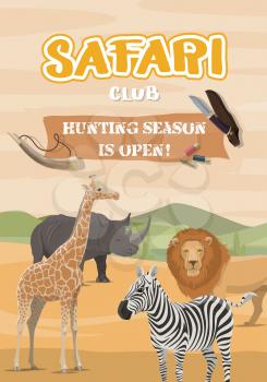Safari hunting sport, desert and wild animals. Vector African savannah and giraffe, lion and zebra, rhinoceros and hunt equipment. Horn and bullets, knife with case, chasing and shooting prey