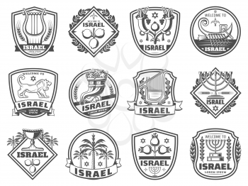 Israel culture symbols, religion and tradition monochrome icons. Vector harp and pomegranate, cornucopia and boat with oars. Lion and David star, candlestick and goblet, palm trees, judaic grail
