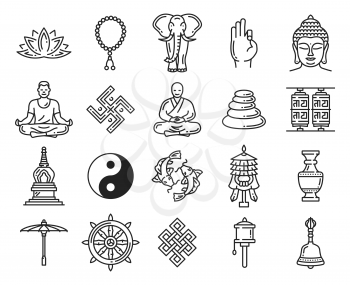 Buddhism religious symbols and icons, vector linear elements. Lotus and rosary, elephant and ok sign, Buddha and meditation, swastika and monk, pebble pile and mortar, yin yang, dharma wheel