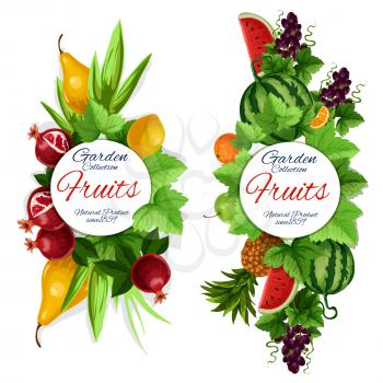 Fruits and leaves banners, vector food. Natural pear and pomegranate, lemon and mint, watermelon and grape, pineapple and orange, apple fruit. Garden healthy food