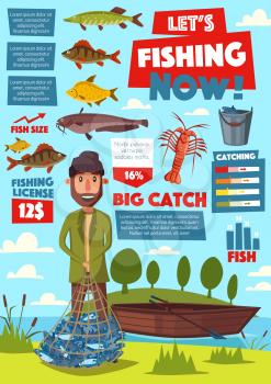 Fisherman and fishery equipment, fishing sport vector infographic. Fish in net, crucian and herring, crayfish or lobster and catfish, carp and marlin, bass. Boat and bucket, legal license on catching