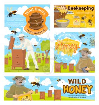 Beekeeping farm or apiary, beekeeper in protective clothes, bee flocks and beehive. Vector man and honeycomb, bowls and jars of wild honey. Natural honey, agriculture industry