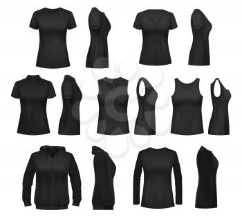 Women clothes isolated mockups. T-shirt and hoodie, sweatshirt, polo and singlet, sleeveless shirt and blouse. Vector female undewear basic clothes black mockups, casual garments design