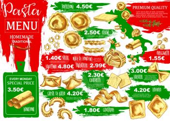 Pasta menu, homemade Italian food. Vector kanelone and tortelloni, eliche and stelle, nidi di rondoni and tagliatelle. Fagottino and quadretti, cavatapi and farfalle, ravioli and lazagna