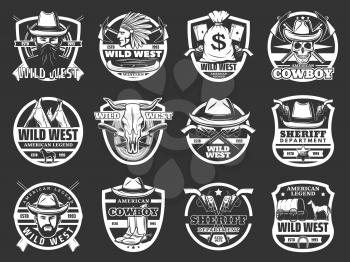 Wild West western isolated symbols. Vector cowboy in hat and gun, revolver and skull, bandit and Indian. Bull and native American, money bag and knives, carriage and horse, wigwam and canoe