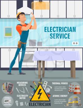 Electrician service, light bulbs replacement. Vector electrical devices, thermal power and nuclear power plants. Man in overalls and helmet replacing light bulb on kitchen