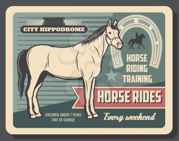 Horse riding and hippodrome, equestrian sport. Vector horse stallion with hooves, horseshoe and horseback, rider silhouette. Racecourse and trainings, competition or tournament