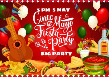 Mexican fiesta party vector invitation with Cinco de Mayo food and drink. Guitar, maracas and cactus tequila, margarita, lime and chilli, corn tacos, nachos and balloons in colours of Mexico flag