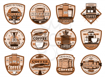 Coffee machine and pot, grinder icons. Vector latte and beans in sack, takeaway paper, glass cup and sugar, scoop and turk. Coffee brewing, cinnamon and anise star spices