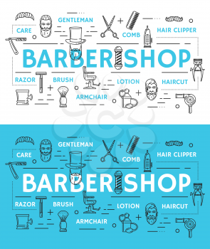 Haircut and shaving barbershop service linear icons. Vector gentleman mustache and beard, comb and scissors, hair clipper and lotion, armchair and brush, razor with blade. Man beauty care, male salon