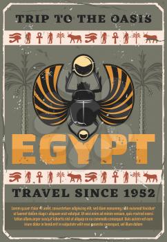 Egyptian scarab vector bug, retro carabaeus sacer. Travel to Egypt, ancient religious symbols, Horus eye and Ra, Anubis and ox, coptic cross and palm tree. Symbolic beetle holding gold ball