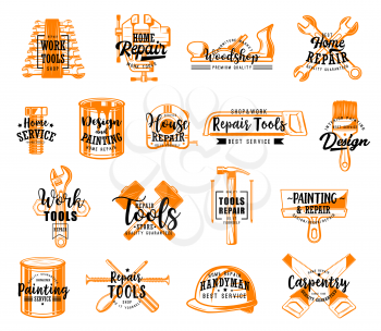Construction and building tool icons with lettering, isolated equipment. Vector wrench and file, bolt and paint can, ruler and saw. Brush and hammer, putty knife, screwdriver and nail, helmet