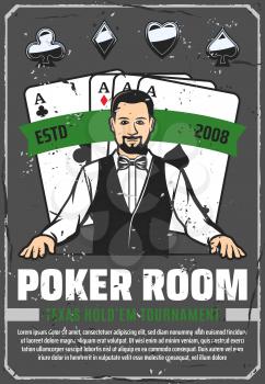 Poker room, casino croupier and gambling. Retro vector play card suits, aces combination, hearts and diamonds, spades and clubs. Gamble worker in bowtie, game with stakes, tournament or championship