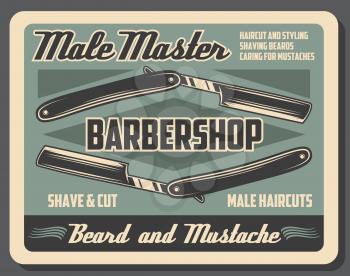 Barbershop service, dangerous razor with blade, hairdressing salon. Retro vector shave and haircut, moustache and beard styling, grooming or hairdo, male master and hairstyle, mustaches caring