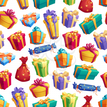 Gift boxes with bow seamless pattern. Cardboard containers wrapped in bright color paper with ribbon for holiday or birthday. Festive endless texture of decorated greeting presents vector on white