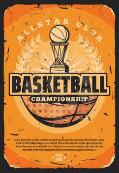 Basketball sport retro poster with basket and heavy ball. Vector vintage design of basketball championship or all stars tournament, team game with ball, invitation old shabby leaflet