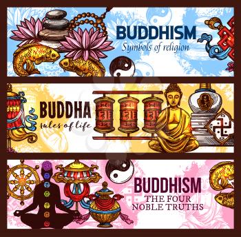 Religious symbols of Buddhism religion, vector sketch Pebble and lotus, gold fishes and yin yang, dharma wheel, endless knot and prayer wheels, Buddha statue and chakra. Spiritual rules of life