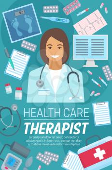 Medical therapy poster for hospital. Vector of doctor therapist with stethoscope and pills, scales or blood pressure meter and thermometer for healthcare center. Medicine worker and medications